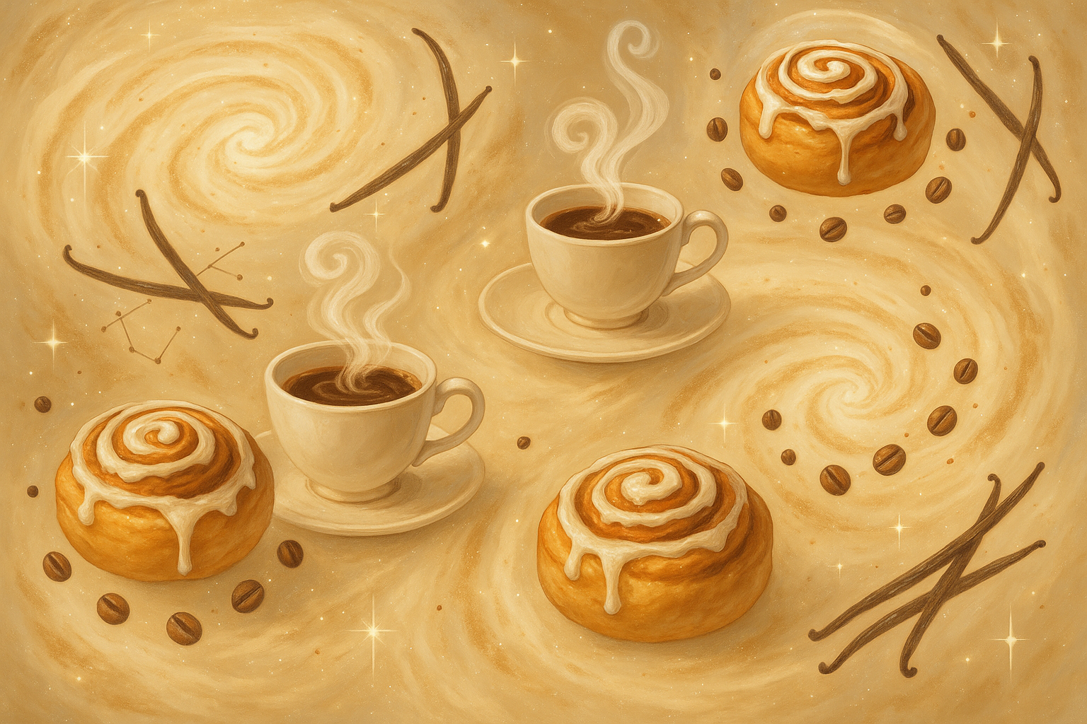 vanilla universe with coffee and cinnamon rolls